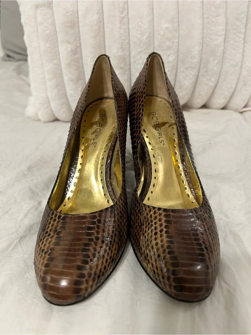 BCBGirls Brown Snake-Print Block Heel Pumps